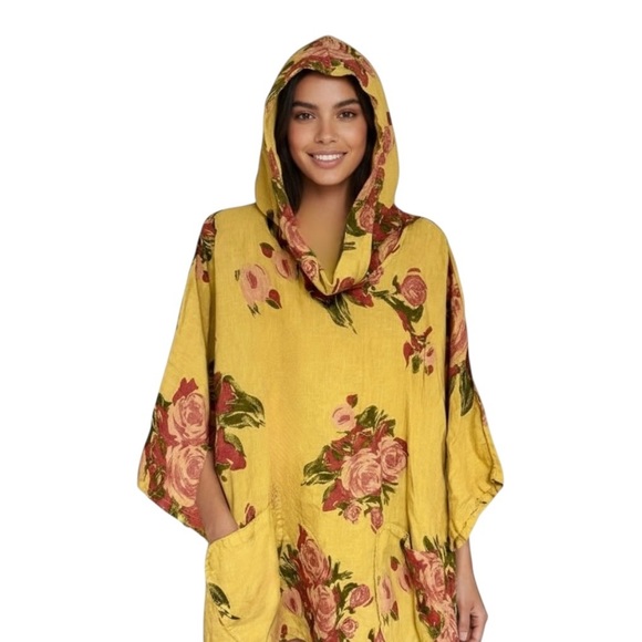 Made in Italy Linen Oversized Floral Cowl Neck Hoodie Tunic Top Yellow Pink - Picture 2 of 10